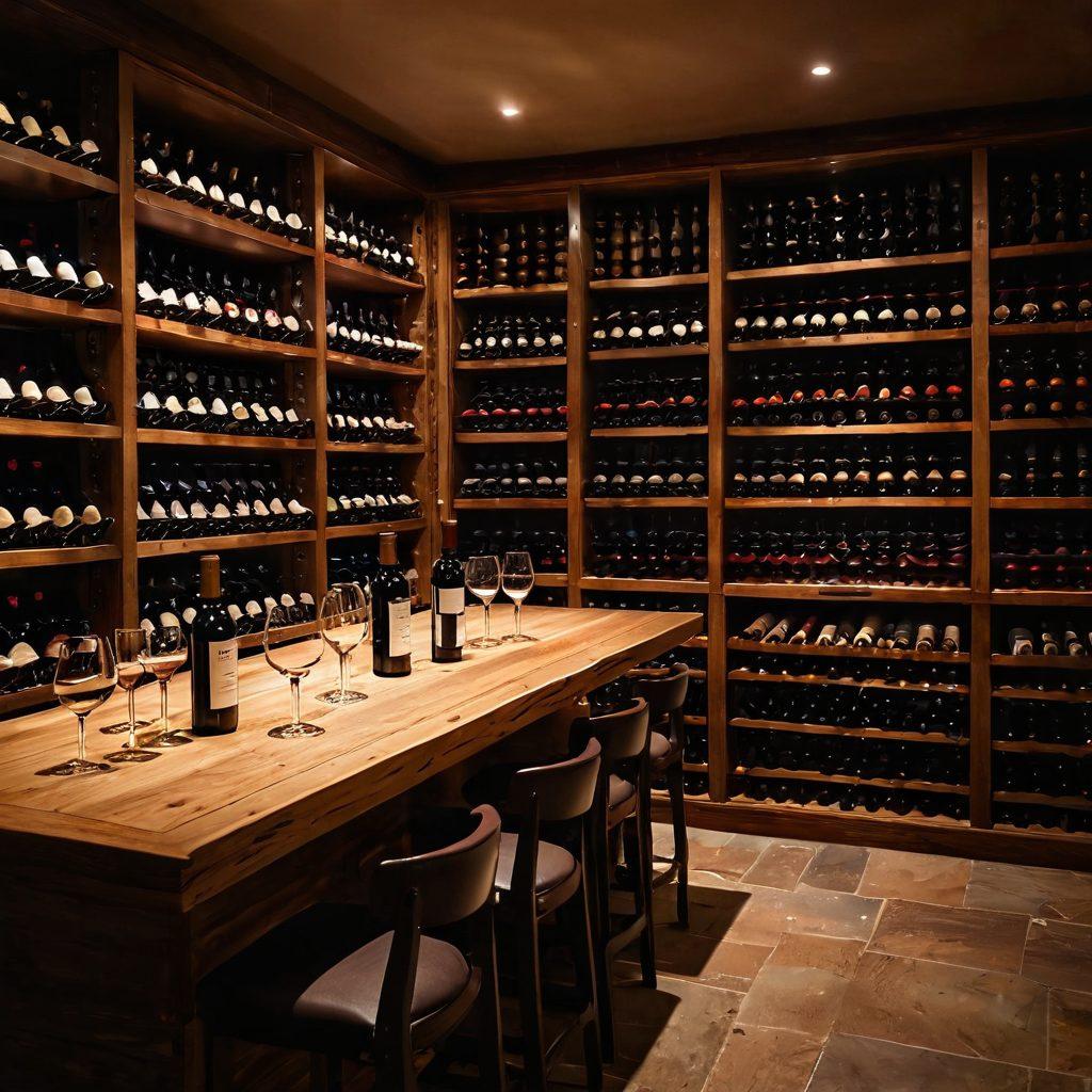 A luxurious wine cellar with rows of elegant bottles, a wooden tasting table set with wine glasses and a corkscrew, soft ambient lighting enhancing the rich colors of the wine. Include an expert sommelier showcasing tips on wine selection with visual infographics in the background. Elegant and inviting atmosphere. super-realistic. warm tones.