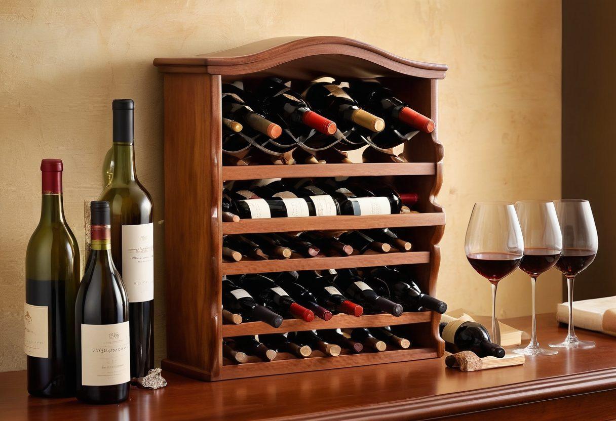 A beautifully arranged wooden wine rack displaying an assortment of fine wines, with glistening glasses and essential wine accessories like a corkscrew, aerator, and tasting notes laid out artistically. A soft, warm ambient light enhances the luxurious feel, while a blurred vineyard backdrop hints at the source of these prized bottles. super-realistic. rich, deep colors. elegant composition.