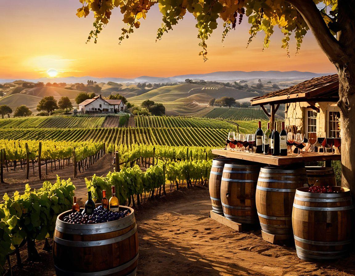 A sophisticated vineyard landscape under a golden sunset, featuring rustic barrels and wine bottles elegantly arranged for auction. Include a diverse group of people engaging in lively discussions and sipping wine, surrounded by lush grapevines and an elegant auction banner. Emphasize a sense of community and celebration in the wine industry. super-realistic. warm tones. vibrant colors.
